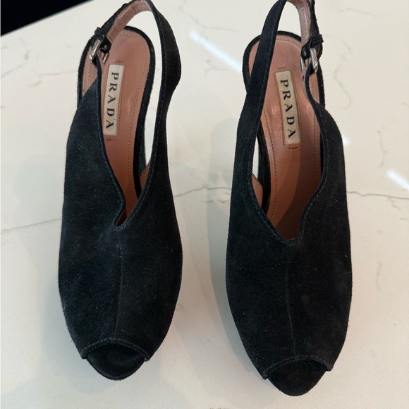Prada Black Suede Peep Toe Platform Slingback Pump - size 38 - Picture 2 of 4